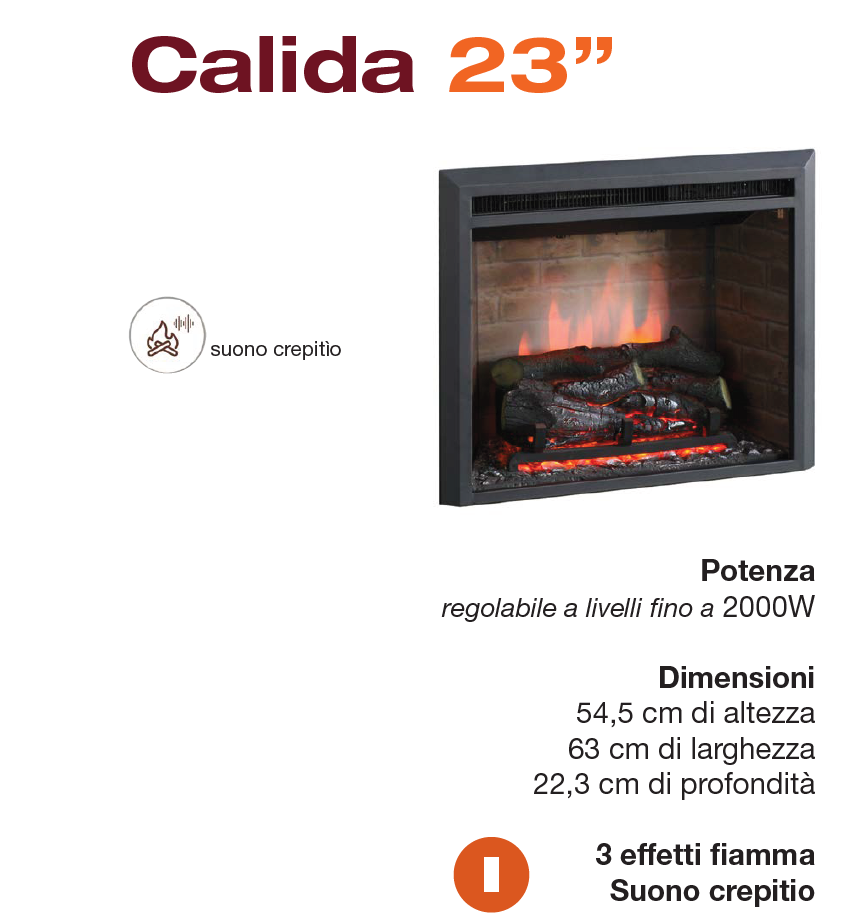 Caminetto Elettrico Balderia Calida 23" con Effetto Fiamma 3D e Crepitio del Fuoco